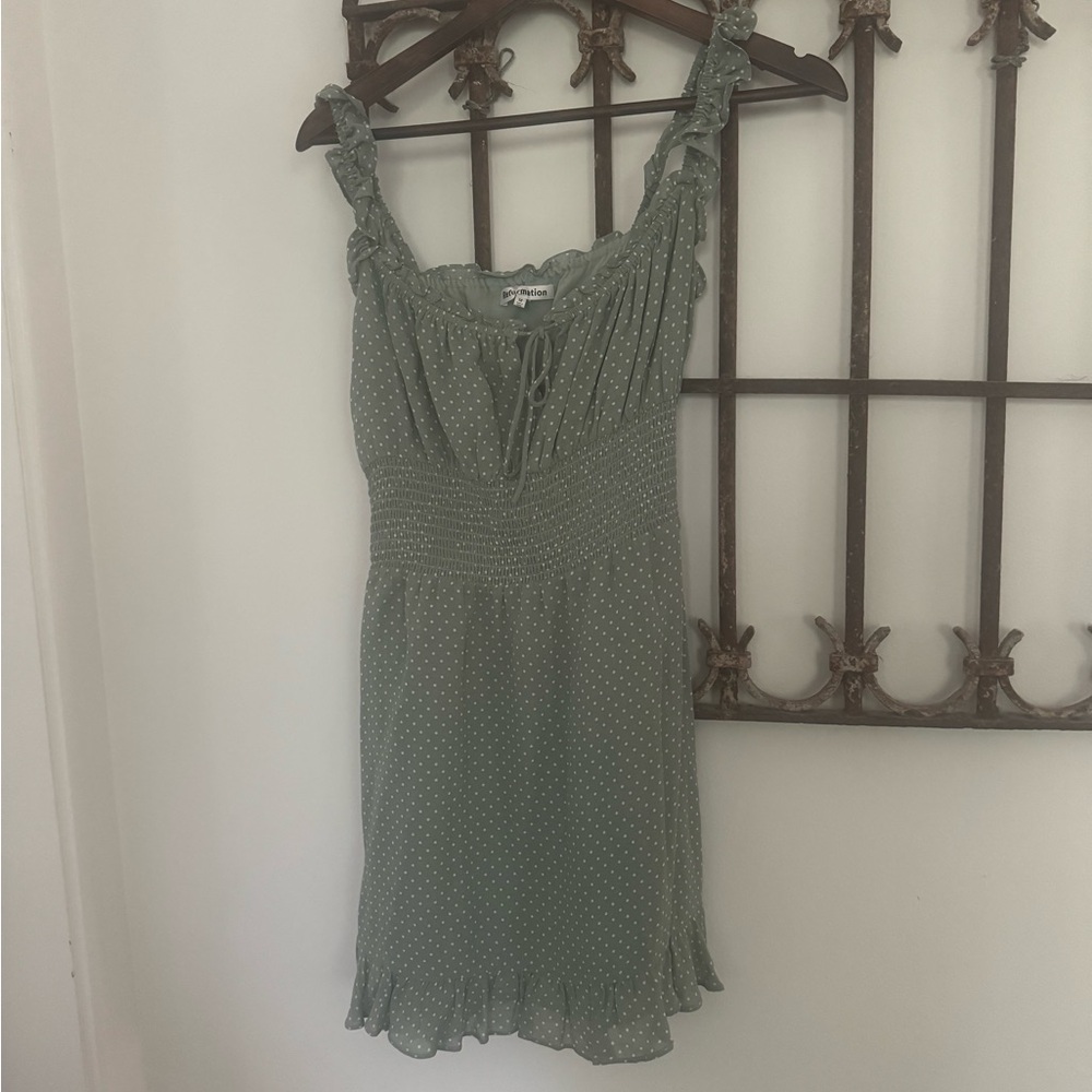 Reformation Sage Green Mini Dress with Polka Dots